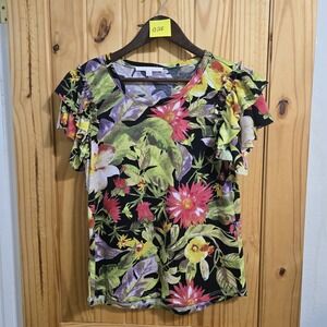 Stella + Ginger Women's Womens Blouse Sz LG Floral Print Ruffle Short Sleeve